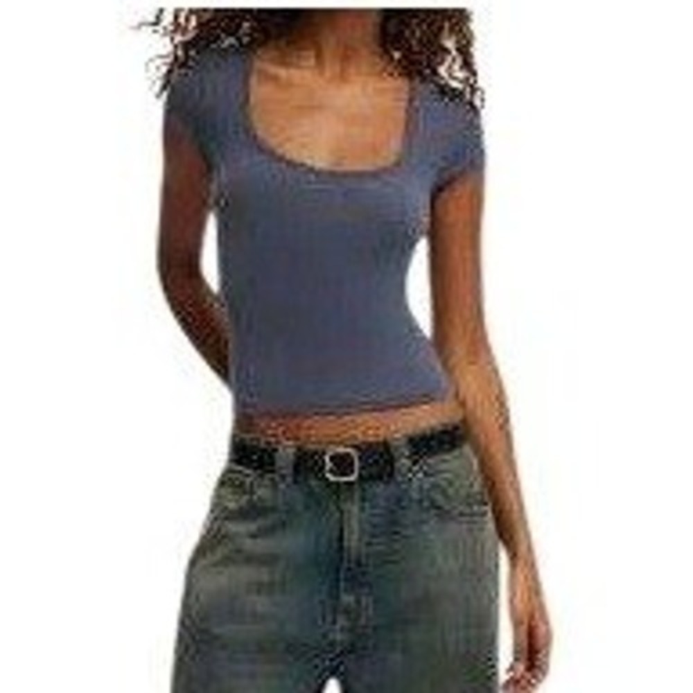 Hollister JUL Blue Ribbed Seamless Scoop Neck T-Shirt size Small